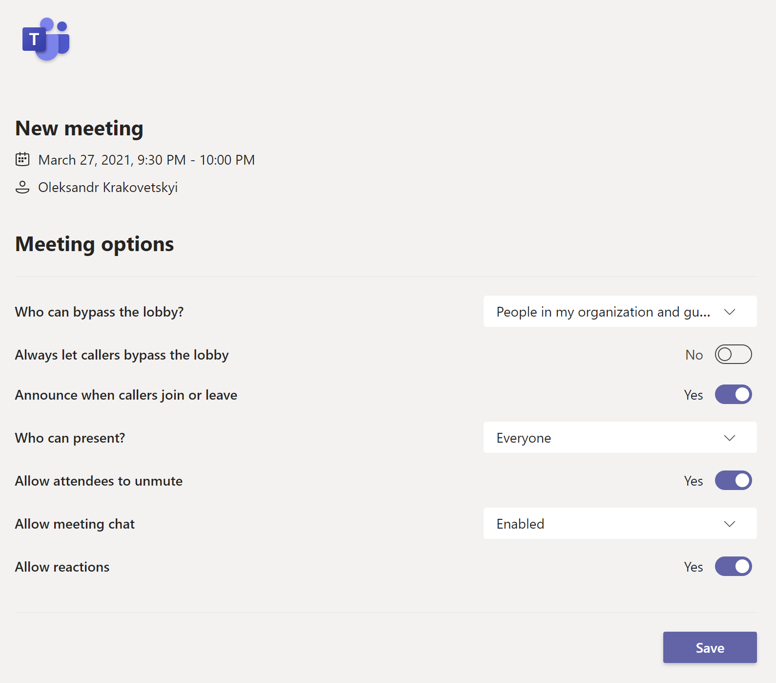 Microsoft Teams meeting options