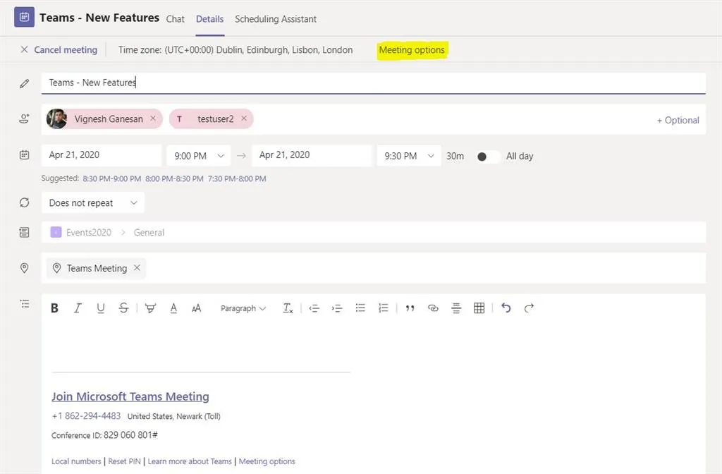 Microsoft Teams meeting options